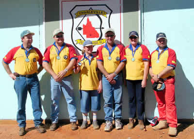 Team Abbey Archery Hooter Shooters at the ABA Nationals in Charleville central Queensland 6th August 2003 - see the black dot on the map behind the Team!